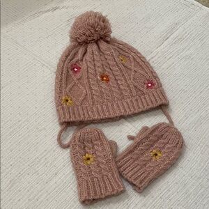 Zara Kids Knitted Hat and Mittens Set - Pink with Floral Accents